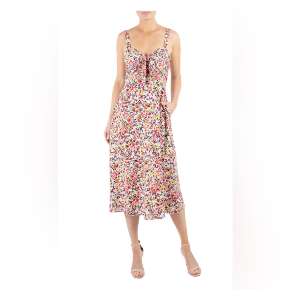 Ivory & Floral Tie Front Crepe Georgette Midi Dress